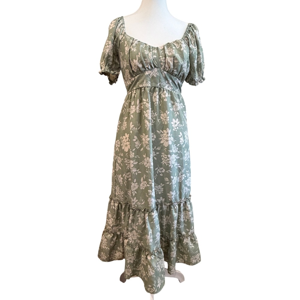 Indulge Sage Green Floral Midi Dress S Cottagecore Boho Hawaii Mumu Style